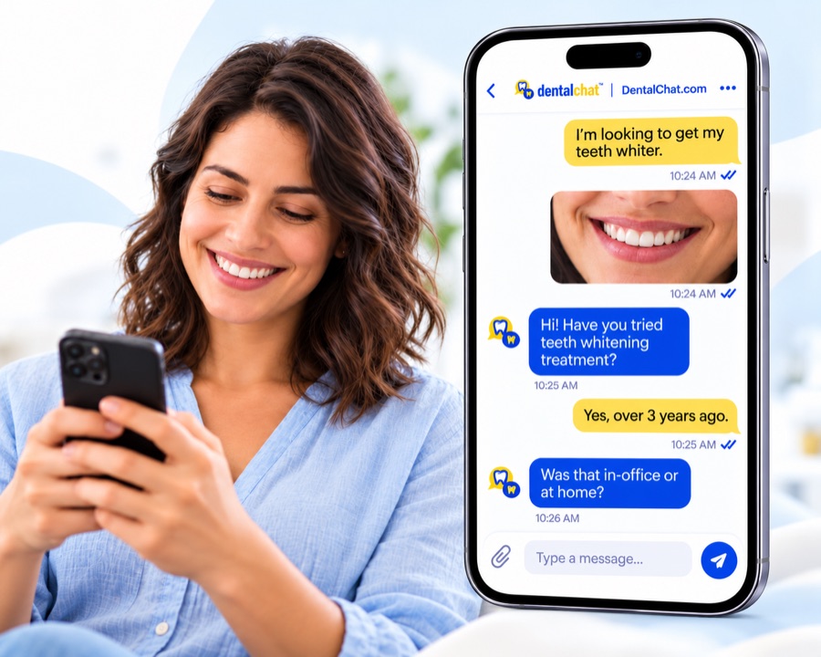 Patient using DentalChat to ask a dentist dental questions and share a smile photo for virtual dental care
